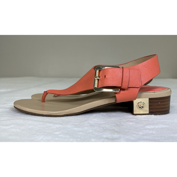 2pr Michael Kors London Thong Sandals TStrap Low Heel Leather Sz. 8 Blue & Coral - Picture 3 of 16